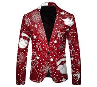 Men Christmas Suit Snowflake Santa Printed Long Sleeve Button Up Lapel Pocket Jacket Stylish Formal Outfit Winter Party Celebration Clothing Fashionable Holiday Event Wear (XXL) Wine