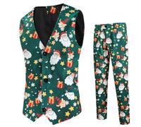 Men Christmas Waistcoat and Pants Set UK Clearance 2 Piece Tuxedo Suits Santa Claus Xmas Costume V-Neck Button Down Vest Trousers Formal Business Slim Fit Suits Novelty Party Outfit Wedding Prom