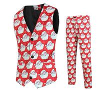 Men Christmas Waistcoat and Pants Set UK Clearance 2 Piece Tuxedo Suits Santa Claus Xmas Costume V-Neck Button Down Vest Trousers Formal Business Slim Fit Suits Novelty Party Outfit Wedding Prom