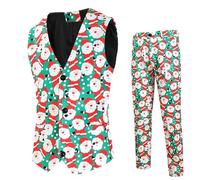 Men Christmas Waistcoat and Pants Set UK Clearance 2 Piece Tuxedo Suits Santa Claus Xmas Costume V-Neck Button Down Vest Trousers Formal Business Slim Fit Suits Novelty Party Outfit Wedding Prom