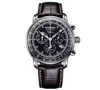 Men Chronograph Watch, Steel Case with Black Leather Strap, Date Display, Retro Business Design