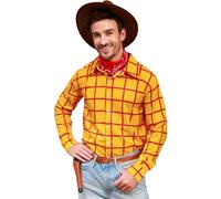Men Classic Cowboy Woody Plaid Shirt Funny Halloween Long Sleeve Button Down Costume Yellow L