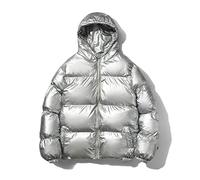 Men Cold Jacket Autumn Winter Youth Trend Fashion Solid Color Shiny Men Down Jacket Loose Fluffy Thickening Hooded Outdoor Ski Warm Men Winter Jacket A-Silver 3XL