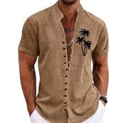 Men Cotton Linen Shirt | Beach Vacation Shirt | Stand-Up Collar Short Sleeved Shirt | Fashion Printed Button Down Shirt Relaxed Fit Casual Holiday Blouse Non Iron Shirt Lightweight Breathable Top