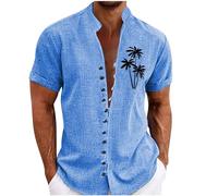 Men Cotton Linen Shirt | Beach Vacation Shirt | Stand-Up Collar Short Sleeved Shirt | Fashion Printed Button Down Shirt Relaxed Fit Casual Holiday Blouse Non Iron Shirt Lightweight Breathable Top