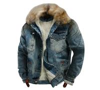 Men Denim Jacket Faux Fur Collar Sherpa Fleece Lined Distressed Jeans Jackets Long Sleeve Button Down Trucker Coats(Blue, XXXXXXL)