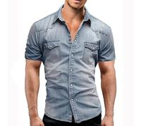 Men Denim Thin Shirt Short Sleeve Soft Cotton Two Pockets Slim Slight Elastic Jeans Cowboy Shirt (light blue,Large)