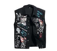 Men Denim Vest Jacket Ripped Vintage Graffiti Print Punk Style Biker Waistcoat Motorcycle Coat Cowboy Slim Fit Lapel Sleeveless Gilet