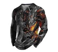 Men Dragon Long Sleeve T Shirt V-Neck Lace Up Henley Shirts Vintage Distressed Outdoor Street Pullover Top