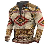 Men Ethnic Style Graphic Long Sleeve T Shirt Retro Stand Collar Lace Up Top Outdoor Tactical Tee Shirt 3D Western Aztec Printed Casual Henley Shirt