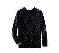 Men Fall Winter Percent% Solid Cashmere Wool Soft Sweater O-Neck Diamond Textured Pullover Black XXL
