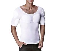 Men False Muscle Chest T-Shirt Fake Shoulders Padded Undershirt Breathable Soft Invisible Compression Vest(White,M)
