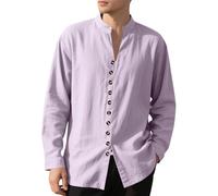 Men Fashion Shirt Lightweight Comfortable Breathable Long Sleeves T-Shirt Temperament Casual Solid Color Linen Shirts H-Purple 3XL