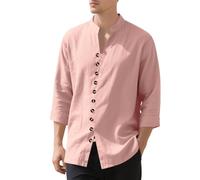 Men Fashion Shirt Lightweight Comfortable Breathable Long Sleeves T-Shirt Temperament Casual Solid Color Linen Shirts E-Pink M