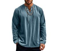 Men Fashion Shirt Lightweight Comfortable Breathable Long Sleeves T-Shirt Temperament Classic Casual Linen Shirts E-Denim Blue M