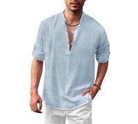 Men Fashion Shirt Temperament Casual Solid Color Linen Shirts Lightweight Breathable with Pockets Long Sleeves T-Shirt E-Sky Blue 3XL