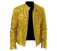 Men Faux Leather Zip Up Jacket Stand Collar Leather Motorcycle Jacket Lightweight Bomber Outwear PU Coat, Yellow, 3XL