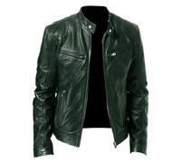 Men Faux Leather Zip Up Jacket Stand Collar Leather Motorcycle Jacket Lightweight Bomber Outwear PU Coat, Dark Green, XX-L