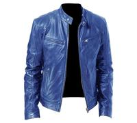 Men Faux Leather Zip Up Jacket Stand Collar Leather Motorcycle Jacket Lightweight Bomber Outwear PU Coat, Blue, 3XL