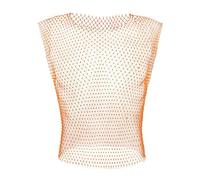 Men Fishnet Sexy Tank Tops Rhinestone Shiny See-Through Hollow Vest Mesh Sleeveless T-Shirt Transparent Clothing Orange