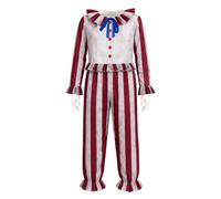 Men Flando the Clown Costume Jumpsuit Cosplay Cornfield Killer Gloves Horror Red and White Vertical Stripes Bodysuit Halloween Suit (Red White, L)