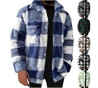 Men Flannel Jacket Clearance Mens Checked Long Sleeve Shirt Fuzzy Jacket Winter Plaid Teddy Double-breasted Coats Fluffy Plush Sherpa Jacket Casual Loose Warm Elegant Outerwear with Pocket S-3XL