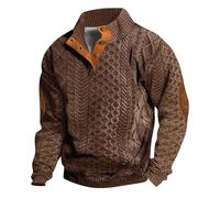 Men Fleece Sweatshirt - Patterned Pullover Sweatshirt Stand Collar Button Up Hoodless Sweatshirt with Elbow Patch Casual Sweater Fall Winter Thermal Jumper Vintage Sport Sweatshirt Coffee