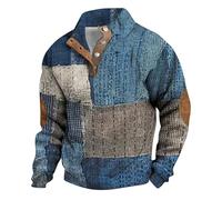 Men Fleece Sweatshirt - Patterned Pullover Sweatshirt Stand Collar Button Up Hoodless Sweatshirt with Elbow Patch Casual Sweater Fall Winter Thermal Jumper Vintage Sport Sweatshirt Light Blue