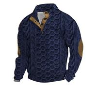 Men Fleece Sweatshirt - Patterned Pullover Sweatshirt Stand Collar Button Up Hoodless Sweatshirt with Elbow Patch Casual Sweater Fall Winter Thermal Jumper Vintage Sport Sweatshirt Dark Blue