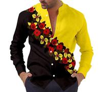 Men Floral Printed Shirt Fashion 3D Vintage Rose Flower Printed Long Sleeve T Shirt Regular Button Down Stand Collar Blouse Top Yellow
