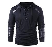 Men Gothic Hoodies, Steampunk Drawcord Lace up Pullover, Renaissance Costume Blouse Tops, Medieval Knight Long Sleeve Sweatshirt (Black, XXL)