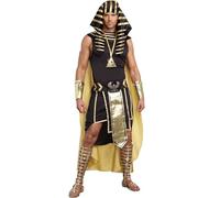 Men Halloween Egyptian Pharaoh Costume 7 Pcs Sets Halloween Cosplay Clothes | Ancient Egypt King Cosplay Outfit with Headdress, Cape, Arm Cuffs & Pendant, Halloween Carnival Fancy-Dress Suit
