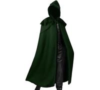Men Halloween Gothic Renaissance Hooded Cloak Tie-up Solid Long Cape Cosplay Costume for Stage Show (Green, L)
