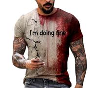 Men Halloween Problem Solved T Shirt I'm Fine Bloody Tshirt Short Sleeve Horror Costume Stain Hand Blood Splash T-Shirts Halloween Festival Classic Wear (Brick Red-B, XXXXL)