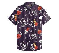 Men Halloween Pumpkin Shirt Skeleton Button Up Shirt Bone Ghost Short Sleeve Shirt XXL