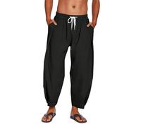 Men Harem Linen Cotton Pants Relaxed Fit Wide Leg Elastic Waist Drawstring Beach Trousers Summer Vacation Hiking Jogging Soft （XL，Black）
