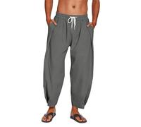 Men Harem Linen Cotton Pants Relaxed Fit Wide Leg Elastic Waist Drawstring Beach Trousers Summer Vacation Hiking Jogging Soft （L，Dark Gray）