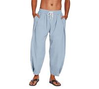 Men Harem Linen Cotton Pants Relaxed Fit Wide Leg Elastic Waist Drawstring Beach Trousers Summer Vacation Hiking Jogging Soft （M，Light Blue）