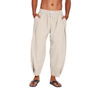 Men Harem Linen Cotton Pants Relaxed Fit Wide Leg Elastic Waist Drawstring Beach Trousers Summer Vacation Hiking Jogging Soft （L，Beige）
