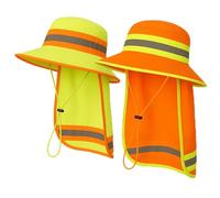 Men High Visibility Reflective Work Safety Sun Hat with Neck Flap Wide Brim Boonie UV Protection, 2pcs (Orange+lime), Medium-X-Large