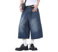 Men High Waist Retro Washed Denim Shorts Loose Fit Hip Hop Jeans Work Short Y2K Streetwear Mid Long Short