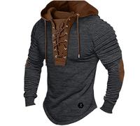 Men Hoodies Medieval Lace Up Hoodie Slim Fit Hooded Sweatshirts Vintage Long Sleeve Shirt Elbow Patch Casual Jumpers Retro Tactical Pullover with Hood Mens Viking Clothing