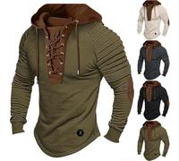 Men Hoodies Medieval Lace Up Hoodie Slim Fit Hooded Sweatshirts Vintage Long Sleeve Shirt Elbow Patch Casual Jumpers Retro Tactical Pullover with Hood Mens Viking Clothing