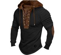 Men Hoodies Medieval Lace Up Hoodie Slim Fit Hooded Sweatshirts Vintage Long Sleeve Shirt Elbow Patch Casual Jumpers Retro Tactical Pullover with Hood Mens Viking Clothing