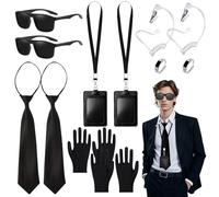 Men in Black Costume MIB Accessories Set for 2 - Secret Service Costume/Spy Set with Tie, Sunglasses, Earplug Props, Gloves, Rings & ID Card Holders | Secret Agent Dress Up for Halloween & Cosplay