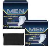 Men Incontinence Pads Level 2 Bundle by Wishesla, Urine Leakage Protective Shield, Multipack 2x10 Total of 20 Mens Pads for Urine Leakage, 100% Discreet, and Black Fabric Toiletries Bag