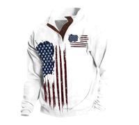 Men Independence Day Pullover Sweatshirts | Usa Flag Printed Hoodless Sweatshirts | Stand Collar Button Polo Sweatshirts | Vintage Long-Sleeved Workwear Top Casual Golf Sport Sweatshirts White