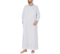 Men Islamic Kaftan - Classic Notch Collar Striped Muslim Thobe for Traditional Arabic Robe Comfortable Long Sleeve Shirt (White L)