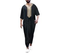 Men Islamic Kaftan - Male Casual Striped Printed Robe V Neck Middle Sleeve Split Hem Blouse Robe (Black L)
