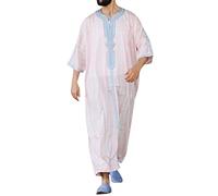 Men Islamic Kaftan - Male Casual Striped Printed Robe V Neck Middle Sleeve Split Hem Blouse Robe (L)